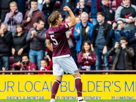 Peter Haring celebrates after opening the scoring for Hearts against St Johnstone
