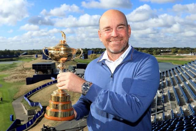 European captain Thomas Bjorn shows off the Ryder Cup
