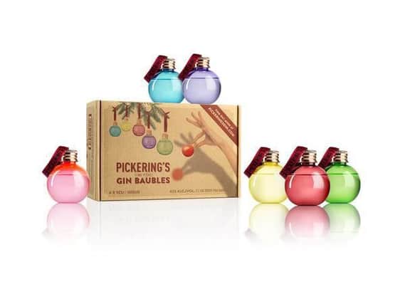 Each pack contains six different coloured plastic baubles. Picture: Pickering's Gin website.