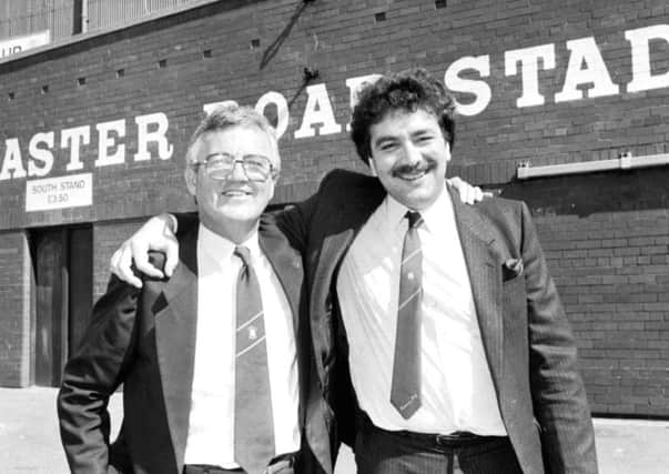 New Hibs chairman David Duff and Kenny Waugh at Easter Road in August 1987.