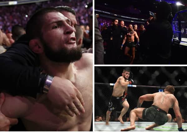 Khabib Nurmagomedov (left) is restrained after jumping in to the crowd to confront Conor McGregor's camp following his UFC victory over the Irishman. Pictures: Getty