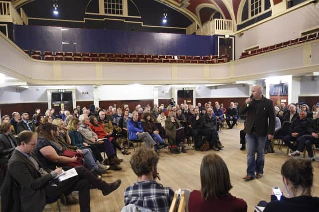 Meeting in Portobello Town Hall where residents voice their concerns over the future of the pitz 5-a-side pitches and the soft play building at the Prom