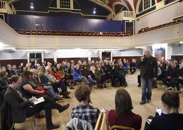 Meeting in Portobello Town Hall where residents voice their concerns over the future of the pitz 5-a-side pitches and the soft play building at the Prom