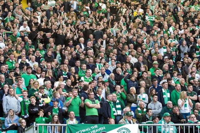 Hibs fans at Celtic Park for a Ladbrokes Premiership fixture in 2017. Picture: SNS Group