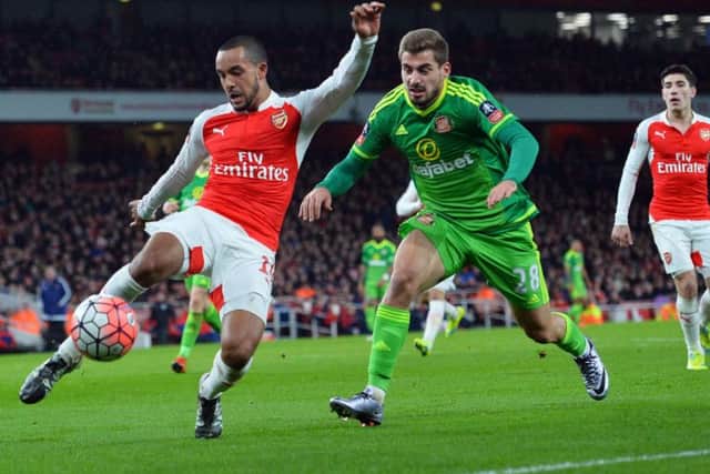 Charalampos Mavrias, pictured playing for Sunderland against Arsenal, is expected to sign for Hibs next week.
