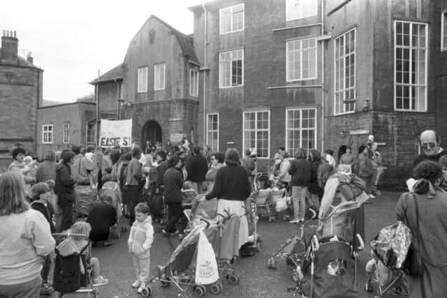 Mothers and children demonstrate outside the Elsie Inglis Memorial hospital in Edinburgh, on the last day before it closed in October 1988.