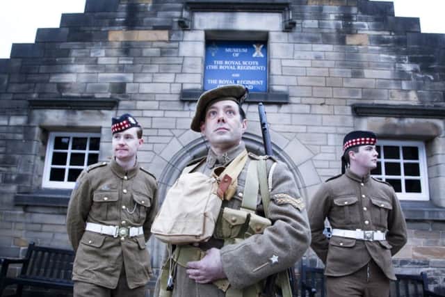 The Royal Scots WW1 re-enactors at Edinburgh Castle - left, Ciaran McElhinney, 7th battalion of The Royal Scots, Andrew Deans, an 8th territorial battalion of The Royal Scots and Ruadhan Scrivener-Anderson, 1st battalion