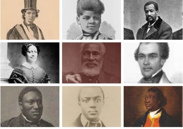 Some of the black activitsts -including many former slaves  - who visited Edinburgh to campaign for abolition. They include Sarah Parker Redmon (middle row, left); William Wells Brown (middle row, right) and Samuel Ringgold Brown (bottom row, left).
