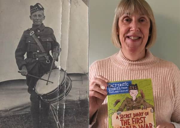 Children's author and former teacher Gill Arbuthnott with her latest book, A Secret Diary of the First World War. Based on the real-life diary of James Marchbank (left) - a 14-year-old boy from Dalkeith