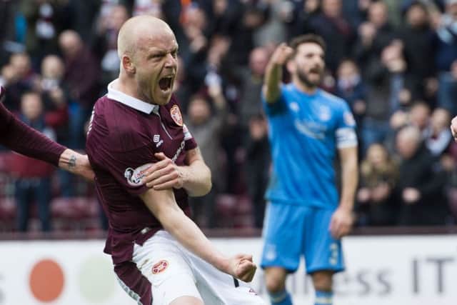Steven Naismith celebrates giving Hearts the lead in the last match against Aberdeen at Tynecastle. Picture: SNS Group