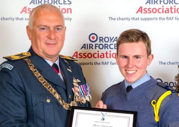 Jack Oliphant, 2018 winner of the 12-hour RAF Association Scholarship with Association President, Sir Baz North