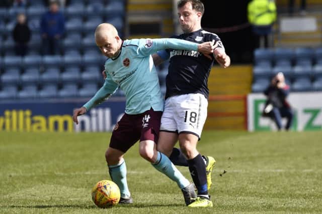 Steven Naismith and Paul McGowan battle for possession during the 1-1 draw last season. Picture: SNS