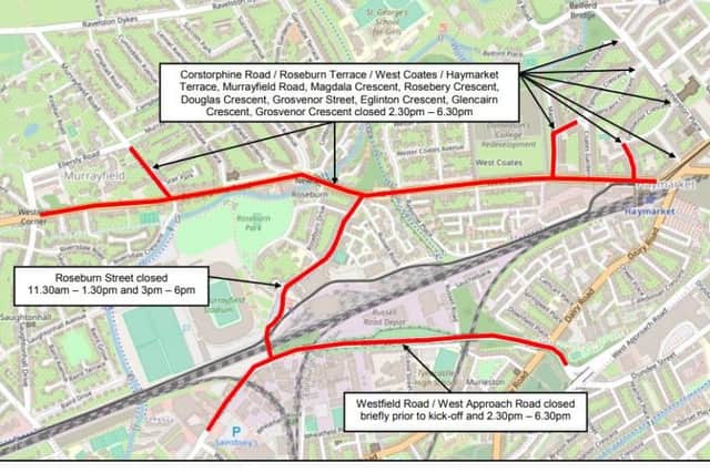 Many roads will be closed on Sunday owing to the Betfred Cup semi-final. Map: @edintravel and © OpenStreetMap Contributors