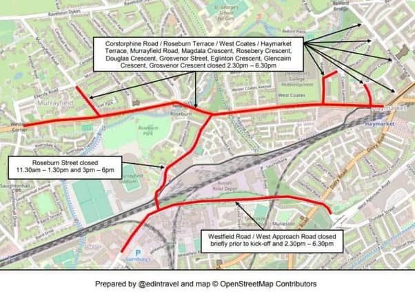 Many roads will be closed on Sunday owing to the Betfred Cup semi-final. Map: @edintravel and Â© OpenStreetMap Contributors