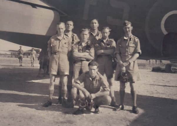 (Back row left to right) Flight Sergeant Ernest Logan Brown and Sergeant Alfred Coote; (middle row left to right) Sergeant Charles Mabbs, Flight Sergeant Austin Donnelly, Sergeant Richard Charles Knee and Flying Officer Edwin John Stubley; (front row) Flight Sergeant John Thompson.