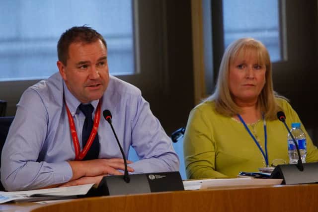 Neil Findlay MSP and Elaine Holmes, who has had a mesh implant, give evidence at the inquiry. Picture: Scott Louden