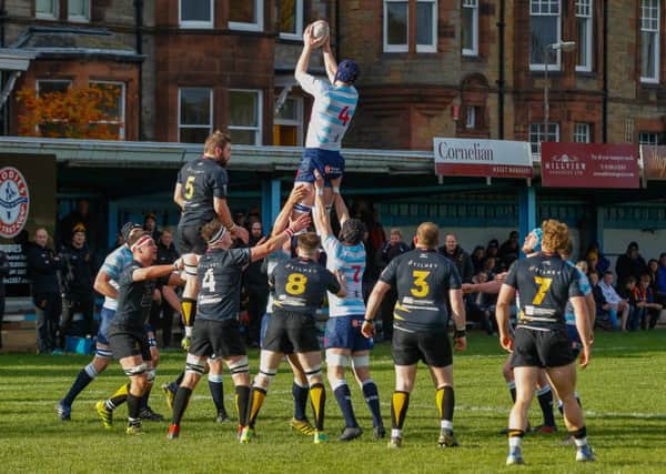 Ronan Seydak wins the lineout for Accies against Currie