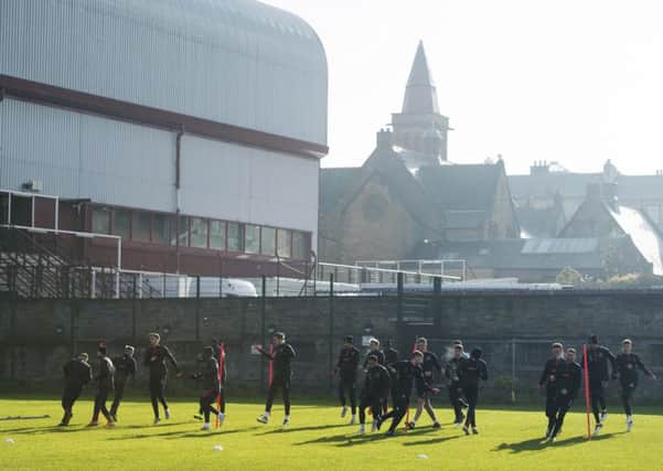 Hearts' players train at Tynecastle ahead of the Edinburgh derby. Pic: SNS