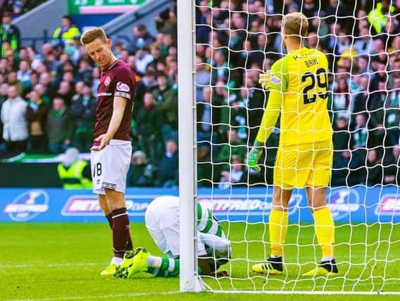 Steven MacLean is unimpressed with Celtic's Eboue Kouassi lying on the ground as goalkeeper Scott Bain looks on.