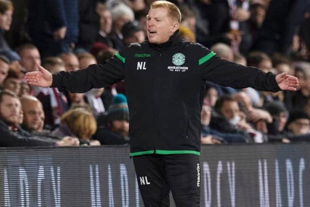 Neil Lennon was hit by a coin at Tynecastle. Pic: SNS