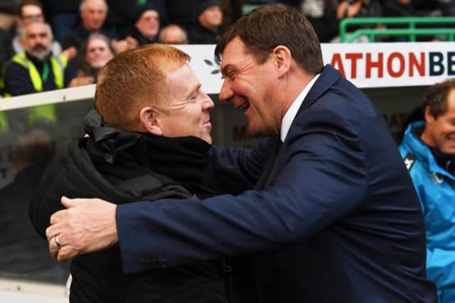Hibs boss Neil Lennon shares joke with his St Johnstone counterpart Tommy Wright before today's match at Easter Road.