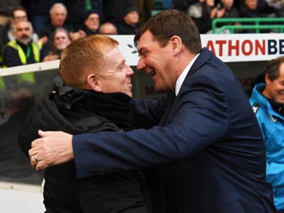 Hibs boss Neil Lennon shares  joke with his St Johnstone counterpart Tommy Wright before today's match at Easter Road.