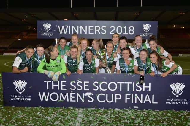 The Hibs team show off the SSE Scottish Women's Cup at Firhill. Pics: Lorraine Hill