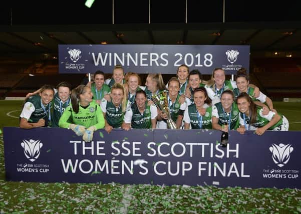 The Hibs team show off the SSE Scottish Women's Cup at Firhill. Pics: Lorraine Hill