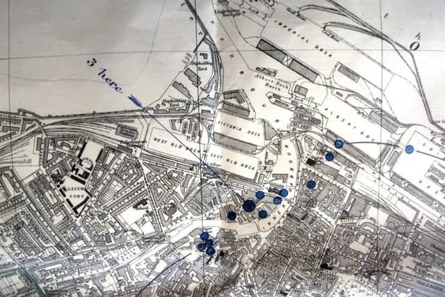A proprietary map was marked by Edinburgh's Burgh Engineer to indicate bomb impact sites following the Zeppelin raid of April 2nd/3rd 1916. (Courtesy, Edinburgh City Archives)
