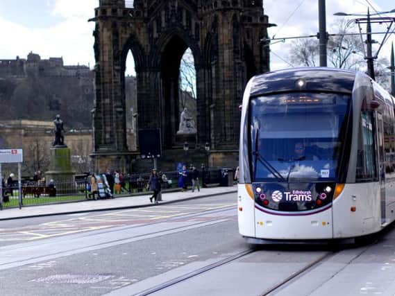 EDINBURGH, SCOTLAND, UK - APRIL 20, 2018. Edinburgh City Trams on duty in city centre. Pic: Shutterstock