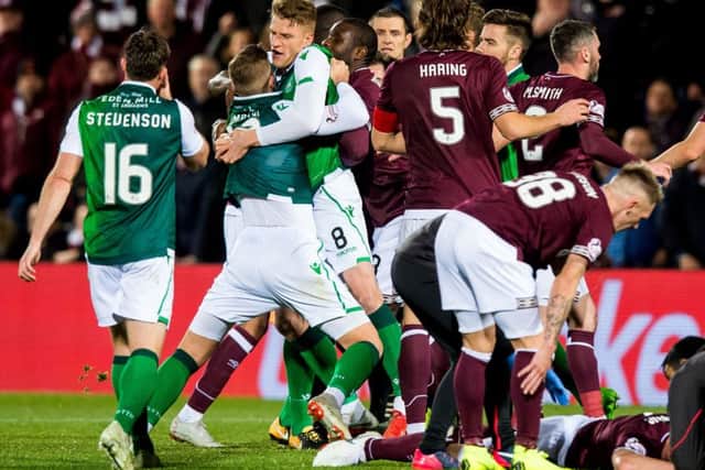 Hibs and Hearts players were involved in a confrontation during the recent derby at Tynecastle. Picture: SNS/Ross Parker