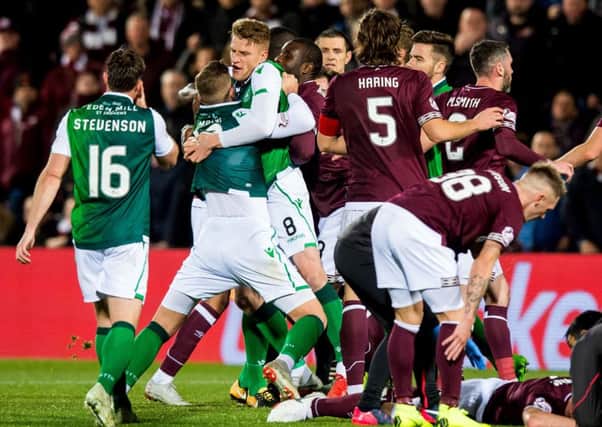 Hibs and Hearts players were involved in a confrontation during the recent derby at Tynecastle. Picture: SNS/Ross Parker