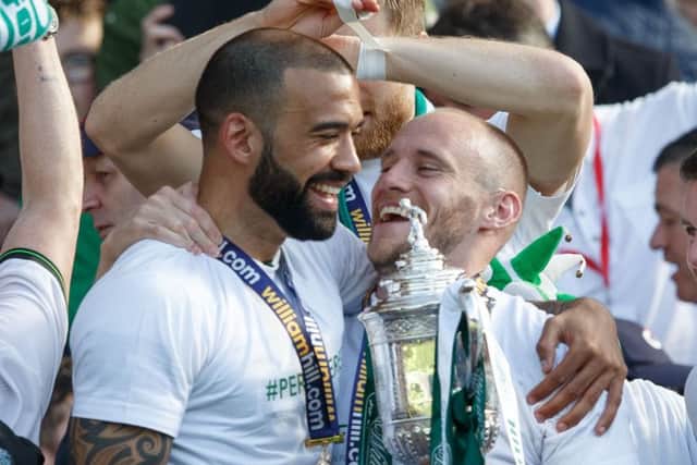 Liam Fontaine celebrates Hibs' 2016 Scottish Cup win with David Gray