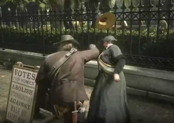 The player and suffragette engage in a short conversation before Shirrako prompts Arthur Morgan to attack her (Image: YouTube/Shirrako/Rockstar Games)