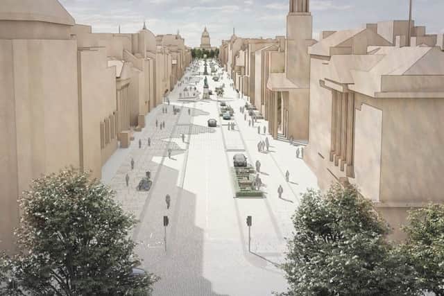 Artist impressions show a pedestria-friendly George Street. Plaza areas, people-friendly spaces and a dedicated cycleway are among potential new features.