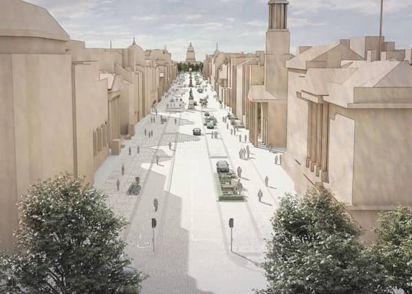 Artist impressions show a pedestria-friendly George Street. Plaza areas, people-friendly spaces and a dedicated cycleway are among potential new features.