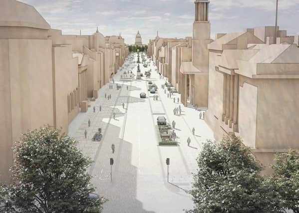 Artist impressions show a pedestria-friendly George Street. Plaza areas, people-friendly spaces and a dedicated cycleway are among potential new features.