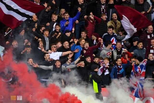 A general view of Hearts fans at the Edinburgh derby. Picture: SNS Group