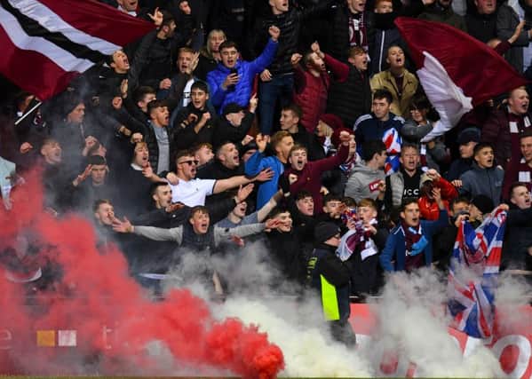 A general view of Hearts fans at the Edinburgh derby. Picture: SNS Group