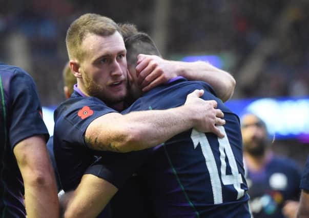 Stuart Hogg celebrates with Tommy Seymour after the winger's first try