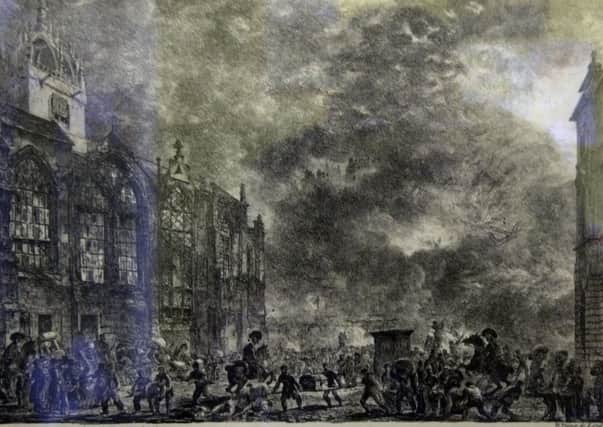 Detail of a sketch by Alex Kirkwood of the "Great Fire of Edinburgh" in 1824. PIC: TSPL.
