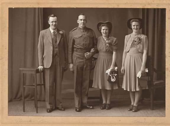 Alan's  Mum and Dad on their wedding day, 1944, with Aunt Edie and Uncle Arthur on either side