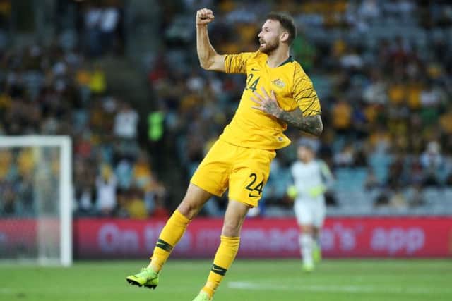 Martin Boyle celebrates scoring against Lebanon during the international friendly match in Sydney. Picture: Getty images