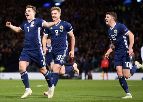 James Forrest celebrates scoring his second goal of the evening as Scotland defeated Israel 3-2 at Hampden. Picture: PA