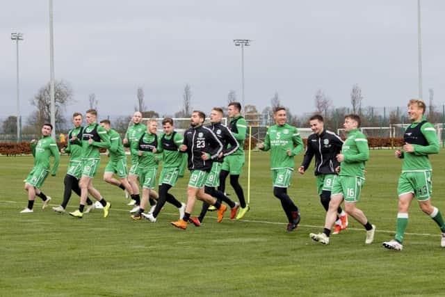 Hibs are put through their paces ahead of the Dundee clash. Picture: SNS Group