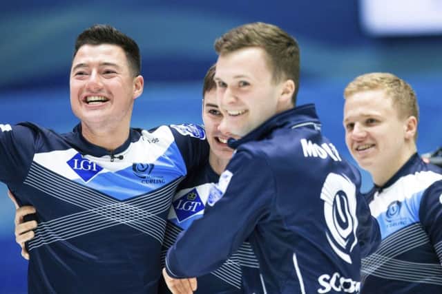 From the left: Scotland's Hammy McMillan, Bruce Mouat, Grant Hardie, and Bobby Lammie celebrate their victory. AP Photo/Raul Mee