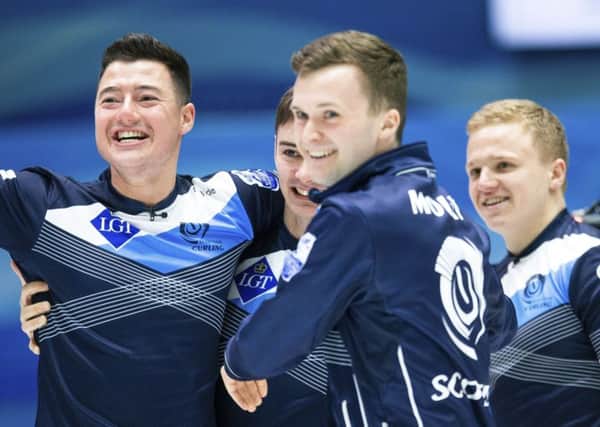 From the left: Scotland's Hammy McMillan, Bruce Mouat, Grant Hardie, and Bobby Lammie celebrate their victory. AP Photo/Raul Mee