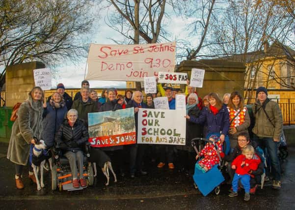 A protest against the demolition of the old St John's Primary School led by Richard Demarco.