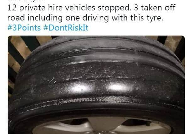 Police tweeted the picture of the bald tyre they found during spot-checks in the Capital. Picture: Twitter