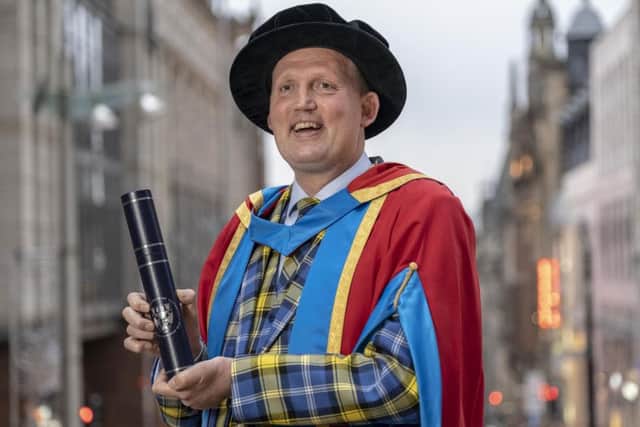 GCU Honorary Graduate Doddie Weir receiving the Awards of Honorary Degree of Doctor of Science.. Picture: Peter Devlin